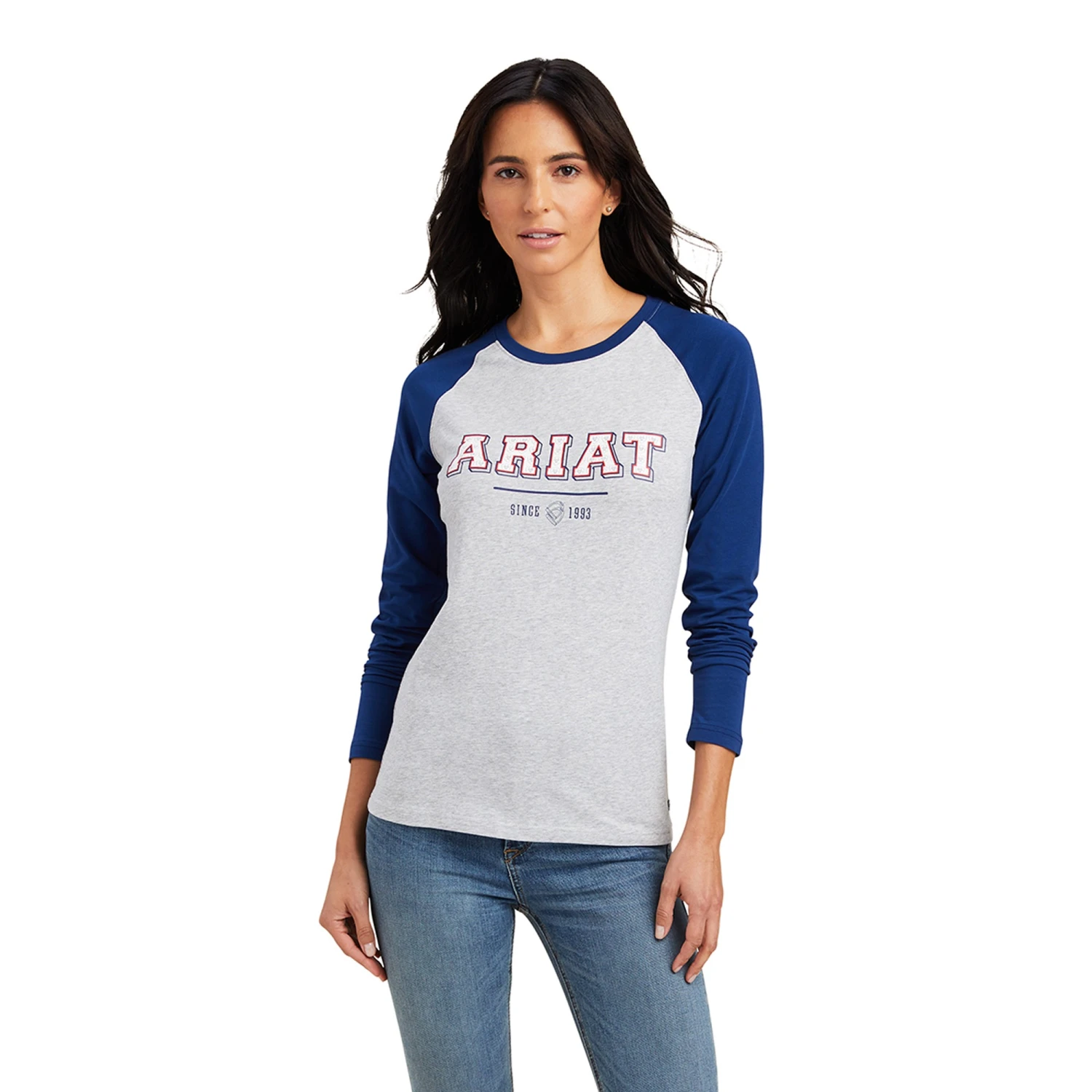 Ariat Womens Varsity Long Sleee T Shirt (Estate Blue/Heather Grey) 1 Ariat Womens Varsity Long Sleee T Shirt (Estate Blue/Heather Grey)