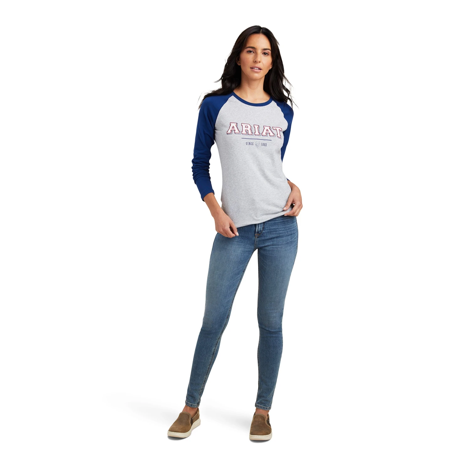 Ariat Womens Varsity Long Sleee T Shirt (Estate Blue/Heather Grey) 2 Ariat Womens Varsity Long Sleee T Shirt (Estate Blue/Heather Grey) - Image 2