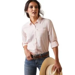 Ariat Womens Venttek Stretch Shirt (Coral Blush/White Check)
